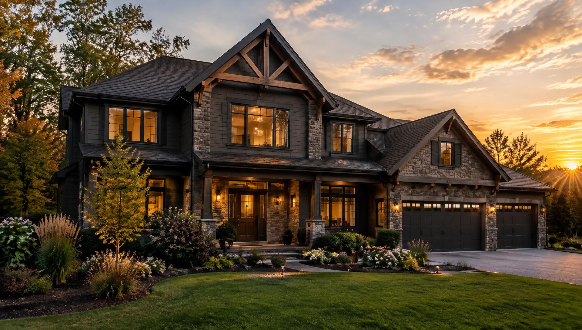 Finished custom craftsman home at golden hour with warm interior lights